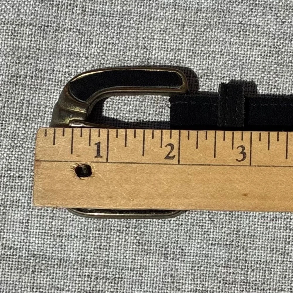 Vintage Black Suede Leather Belt Brass Scalloped Buckle Size 30 Made in USA 3527